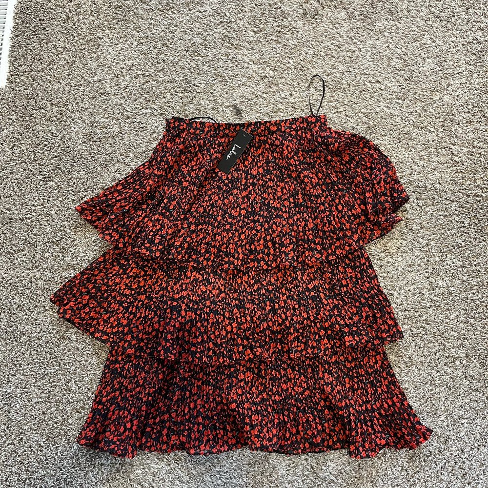 Duarte Black and Red Floral Print Pleated Tiered Midi Skirt